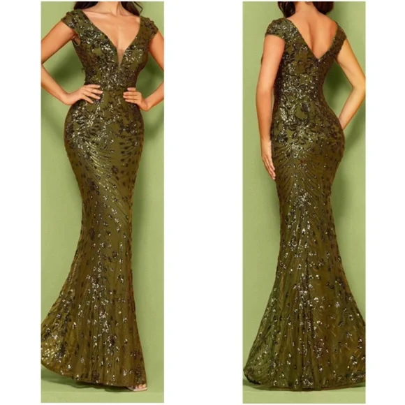 Plus V neck Sequin High Waisted Formal Black Tie Wedding Dress